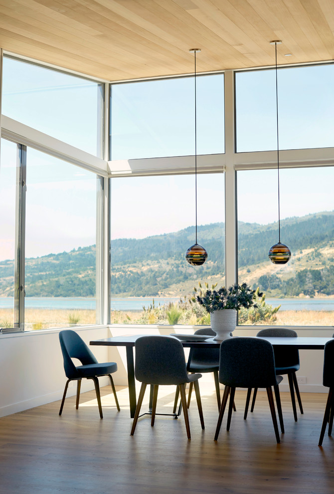 Design ideas for a contemporary dining room in San Francisco with white walls and medium hardwood floors.