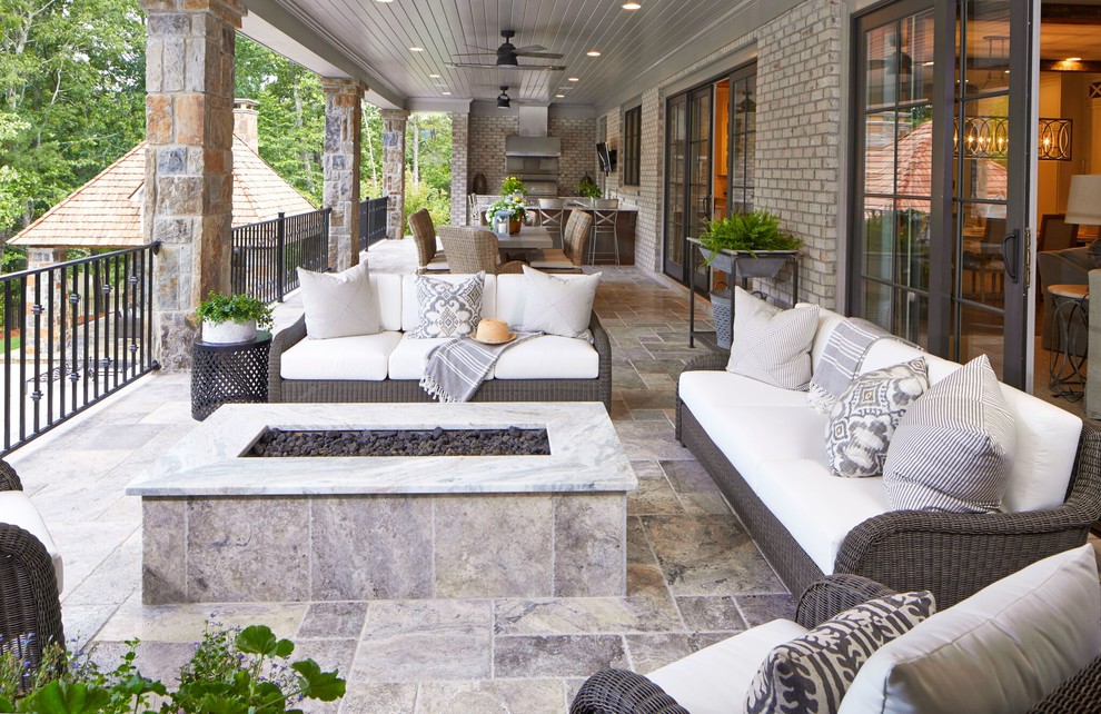 Deck - large transitional backyard deck idea in Atlanta with a roof extension