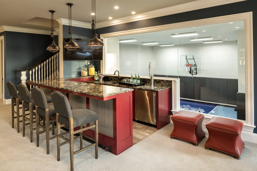 This is an example of a large traditional u-shaped seated home bar in Minneapolis with an undermount sink, red cabinets, glass sheet splashback, beige floor, recessed-panel cabinets, granite benchtops and carpet.