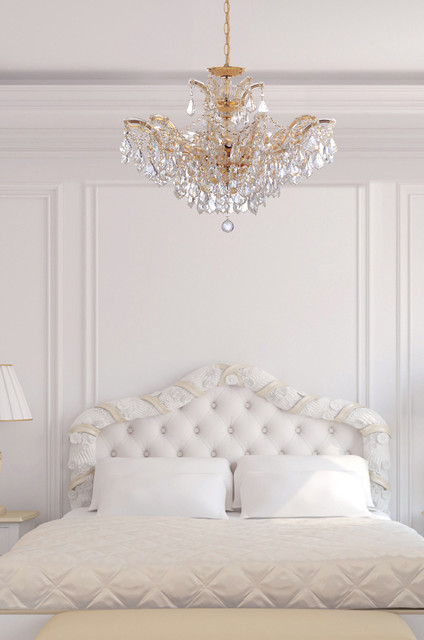 maria theresa gold crystal chandelier in white bedroom - traditional