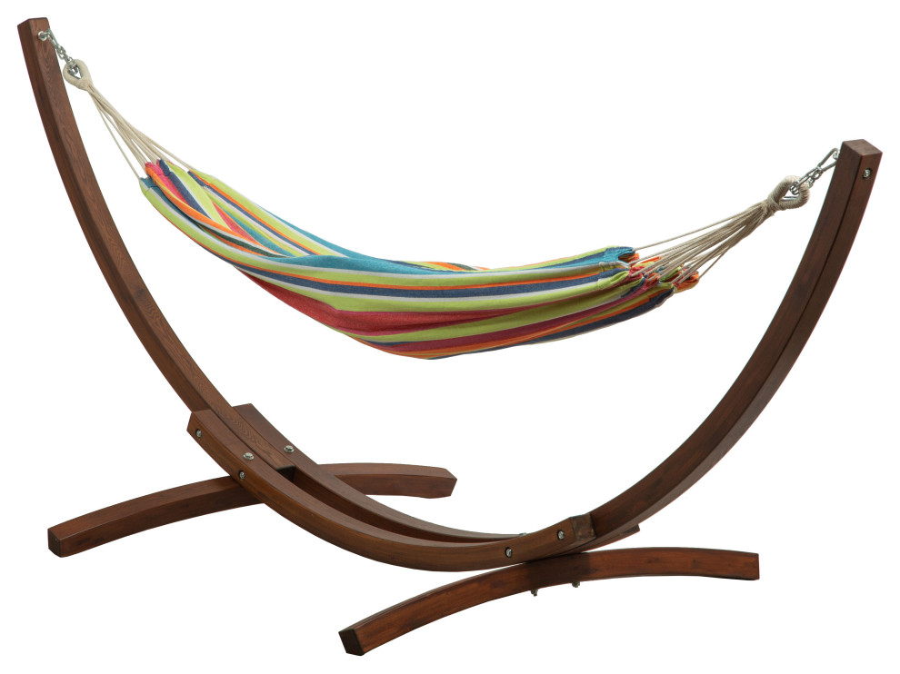 Double Cotton Hammock Bed W/ 10 ft Wooden Arc Patio Hammock Stand, Tropical
