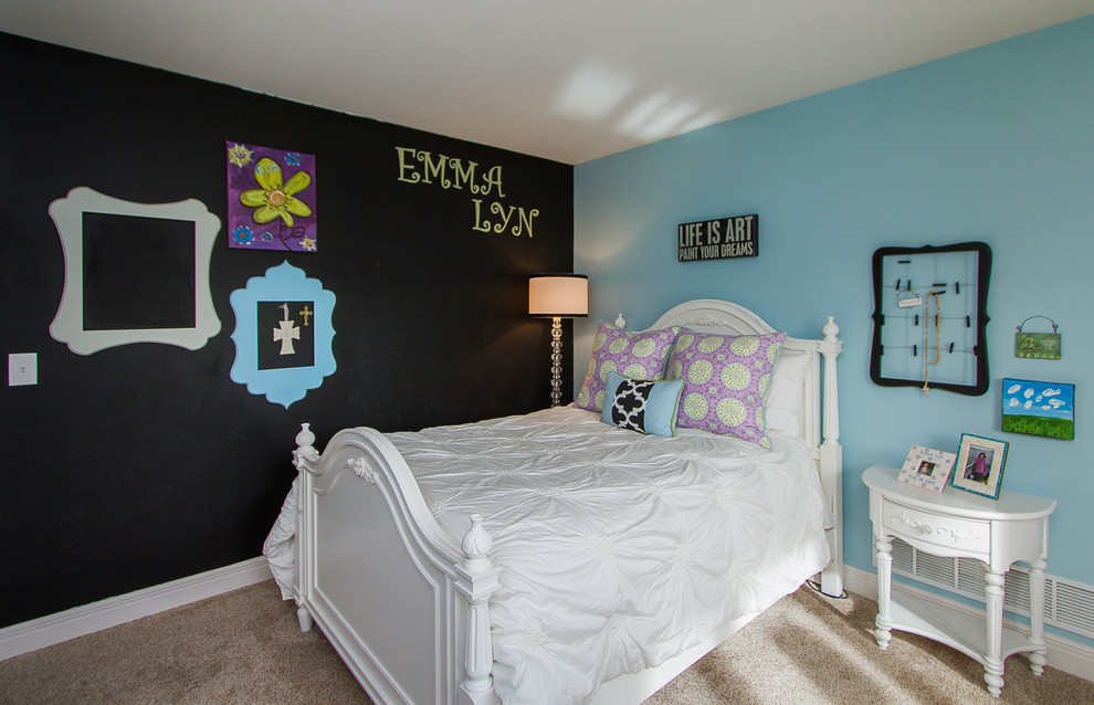 Design ideas for a large transitional kids' room for girls in Kansas City with blue walls, carpet and beige floor.