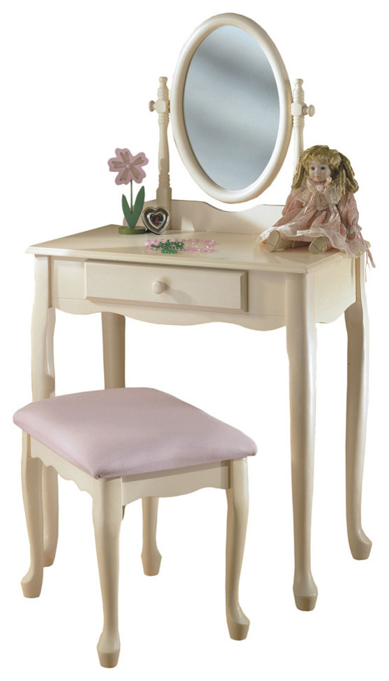 Powell Off-white and Pastel Pink Vanity,Mirror and Bench