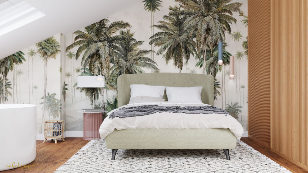 Стильный дизайн: спальня на антресоли в скандинавском стиле с белыми стенами, полом из бамбука и обоями на стенах - последний тренд