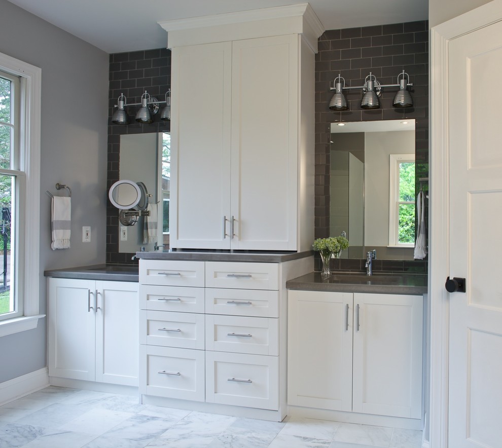 Bathroom - large transitional master gray tile and subway tile marble floor bathroom idea in Baltimore with shaker cabinets, white cabinets, a one-piece toilet and gray walls