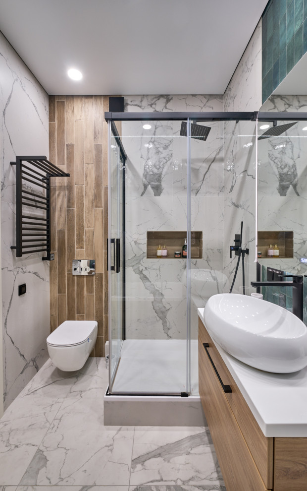 Inspiration for a mid-sized contemporary 3/4 wet room bathroom in Moscow with flat-panel cabinets, medium wood cabinets, a hot tub, a wall-mount toilet, green tile, ceramic tile, green walls, porcelain floors, a drop-in sink, solid surface benchtops, white floor, a sliding shower screen, white benchtops, a single vanity, a floating vanity, a niche and an enclosed toilet.