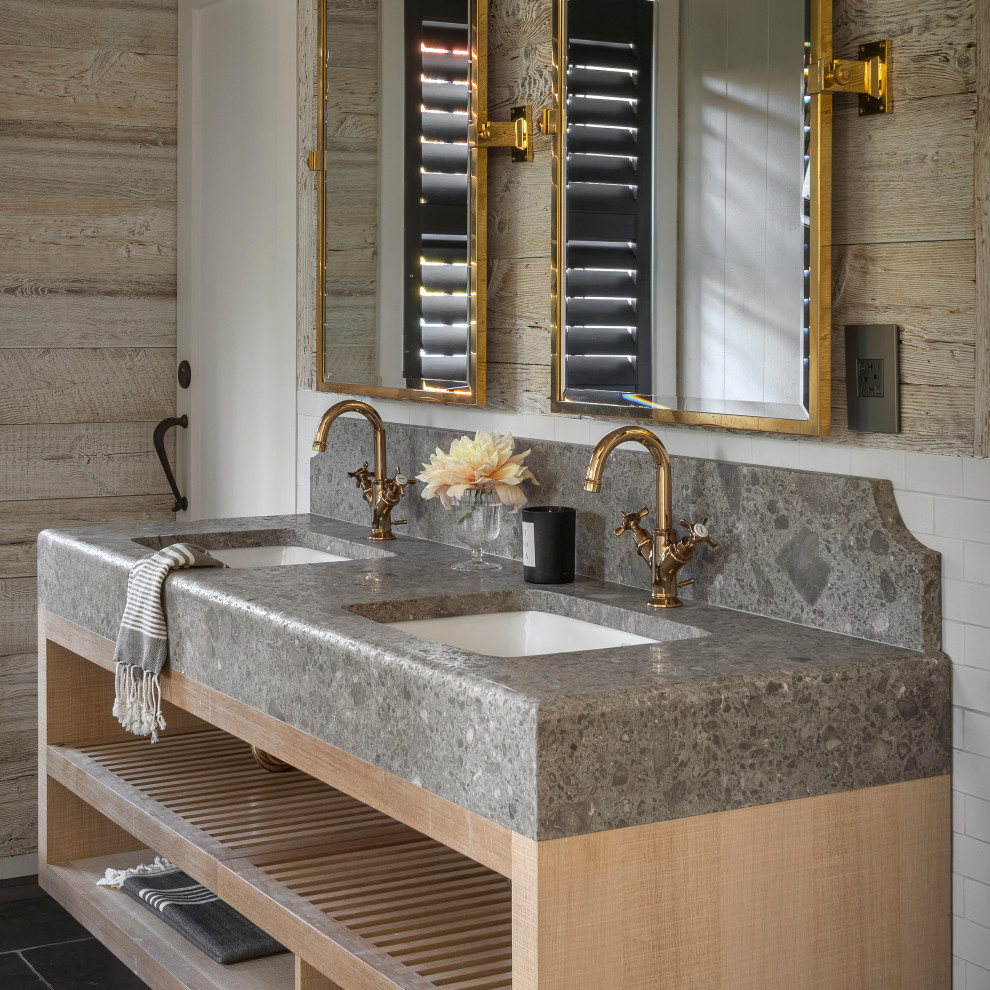 Example of a farmhouse white tile and ceramic tile limestone floor, black floor, double-sink, shiplap ceiling and shiplap wall bathroom design in New York with open cabinets, an undermount sink, marble countertops and a floating vanity