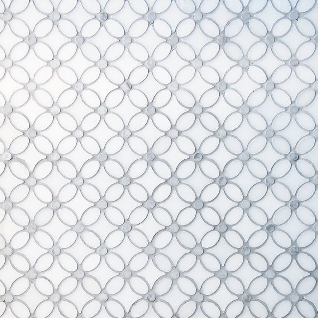 Italian Carrara White Marble Polished Floral Mosaic Tile, White, 5 Sheets