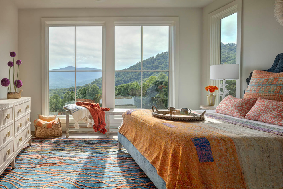 Huge transitional master porcelain tile and brown floor bedroom photo in Richmond with beige walls