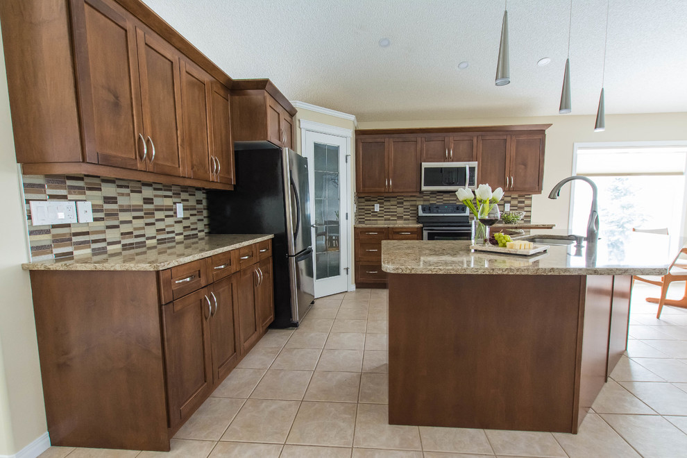 Inspiration for a mid-sized transitional l-shaped ceramic tile and beige floor eat-in kitchen remodel in Calgary with a double-bowl sink, shaker cabinets, brown cabinets, quartz countertops, beige backsplash, glass tile backsplash, stainless steel appliances and an island