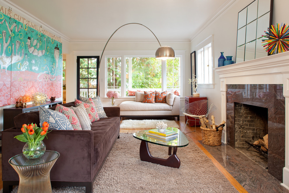 Inspiration for a small eclectic enclosed living room in Portland with white walls.