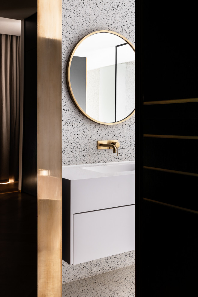 Inspiration for a mid-sized contemporary master bathroom in Melbourne with white cabinets, an open shower, an open shower, a double vanity and a floating vanity.