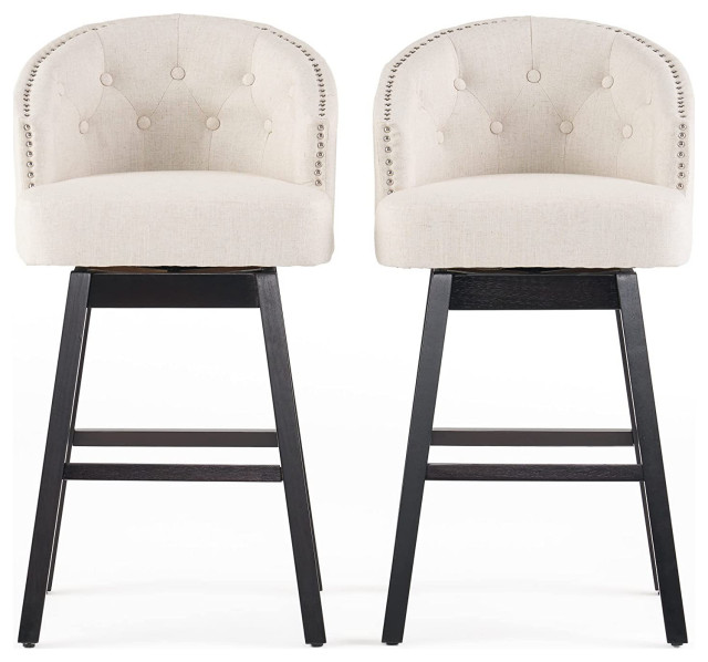 Set of 2 Bar Stool, Beige Fabric Seat With Round Button Tufted Back and Nailhead