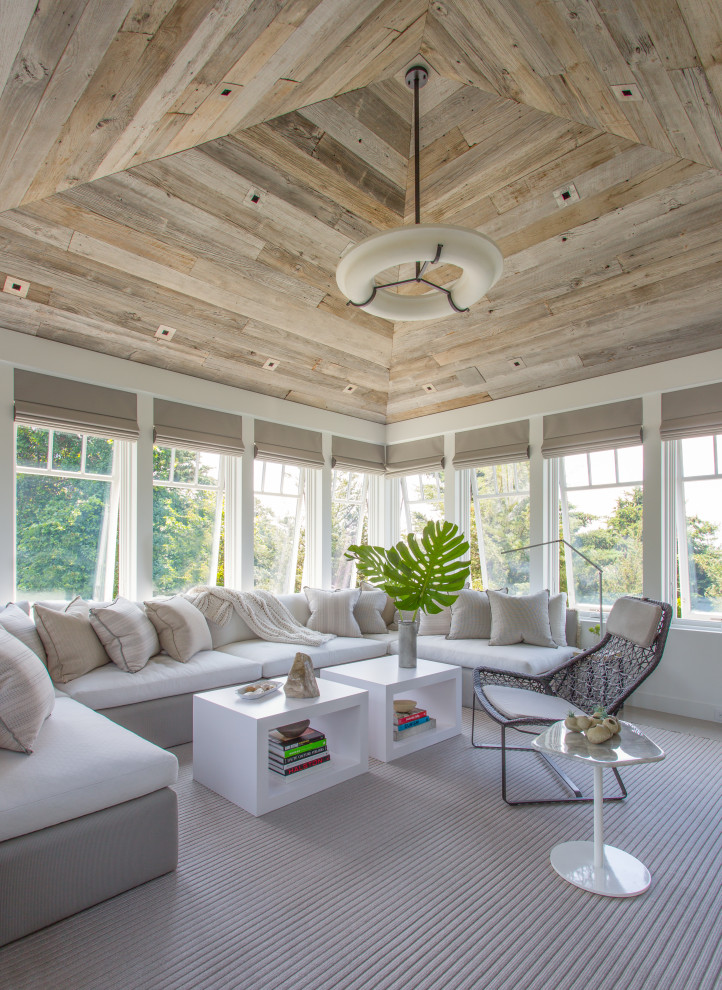 Inspiration for a beach style sunroom in Boston with a standard ceiling and grey floor.