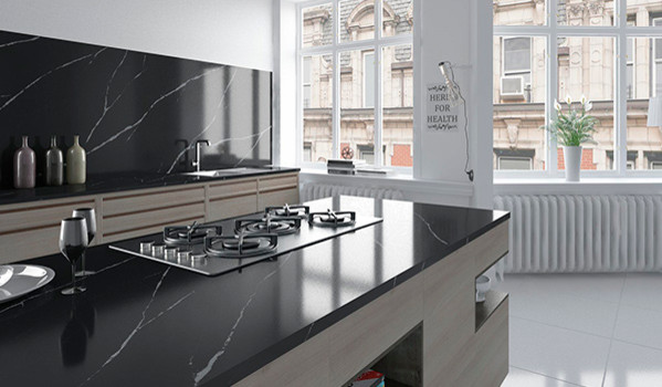 Inspiration for a mid-sized contemporary l-shaped white floor open concept kitchen remodel in New York with a double-bowl sink, flat-panel cabinets, beige cabinets, quartzite countertops, black backsplash, stone slab backsplash, stainless steel appliances and an island