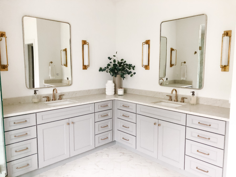 Contemporary master bathroom in Cincinnati with recessed-panel cabinets, grey cabinets, a double shower, white walls, marble floors, an undermount sink, quartzite benchtops, a hinged shower door, an enclosed toilet, a double vanity and a built-in vanity.