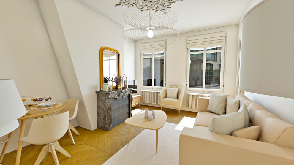 Идея дизайна: гостиная комната среднего размера в скандинавском стиле с стандартным камином и фасадом камина из каменной кладки