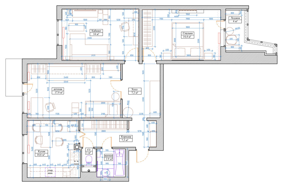 Трехкомнатная квартира 75м2 в стиле лофт, в доме серии П-3