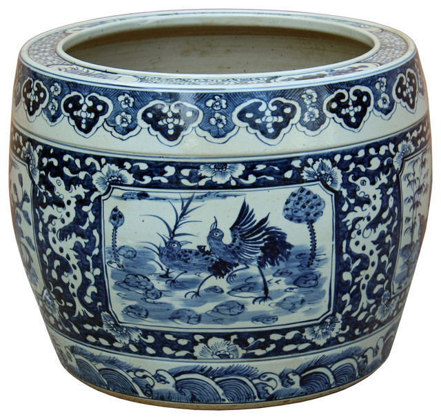 Chinese Vintage Finish Blue White Porcelain Birds Round Pot Planter Chinese Vintage Finish Blue White Porcelain Birds Round Pot Planter