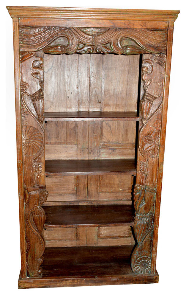 Consigned Antique Wood Hand-Carved Bookcase With Chakra Borders