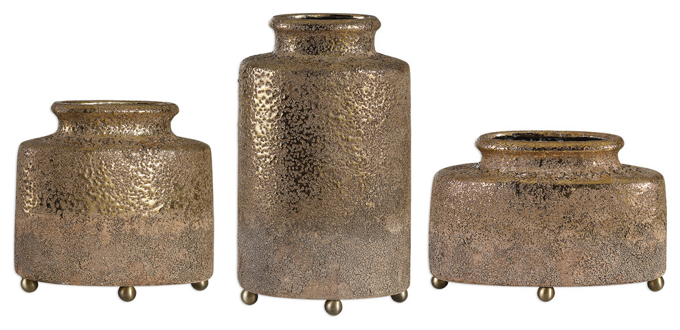 3-Piece Rustic Textured Metallic Gold Vessel Set, Old World Modern Vase Urn Anti