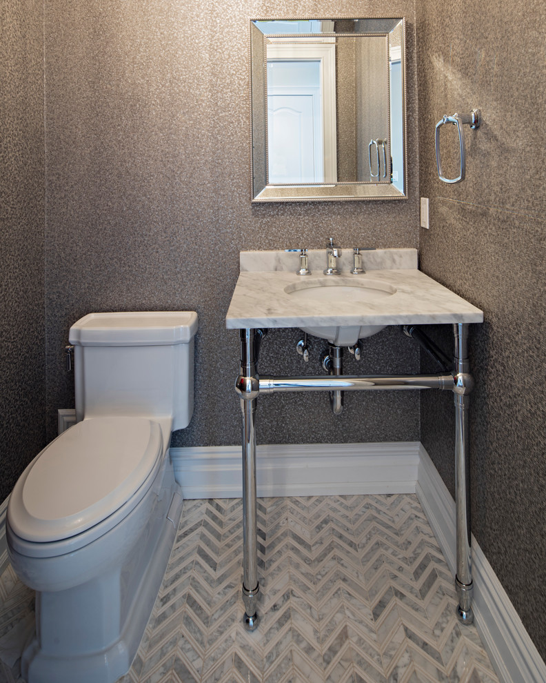 Photo of a large 3/4 bathroom in New York with a freestanding tub, an open shower, a two-piece toilet, beige walls, ceramic floors, an undermount sink, engineered quartz benchtops, open cabinets, grey cabinets, white tile, white benchtops, a single vanity and a freestanding vanity.