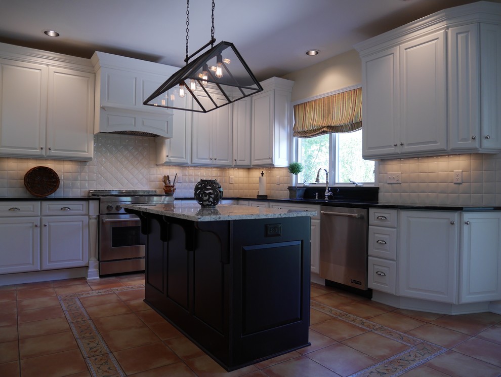 Large transitional l-shaped ceramic tile eat-in kitchen photo with a single-bowl sink, raised-panel cabinets, white cabinets, granite countertops, white backsplash, ceramic backsplash, stainless steel appliances and an island
