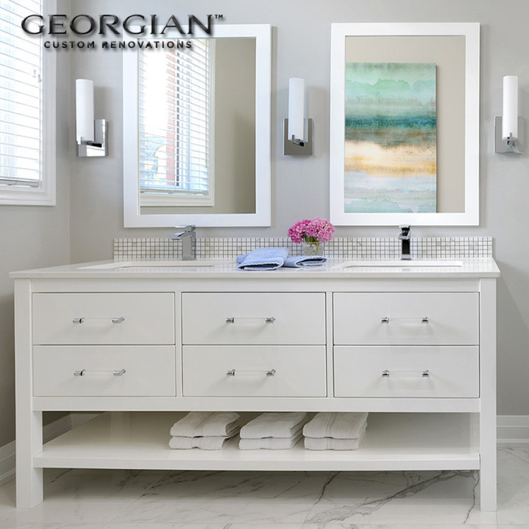 Transitional multicolored tile and stone tile marble floor alcove shower photo with flat-panel cabinets, white cabinets, gray walls, an undermount sink and quartz countertops