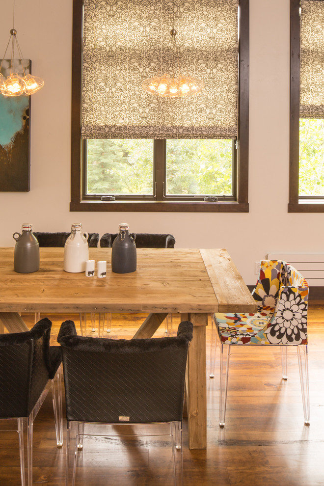 Kitchen/dining room combo - rustic medium tone wood floor kitchen/dining room combo idea with beige walls and no fireplace