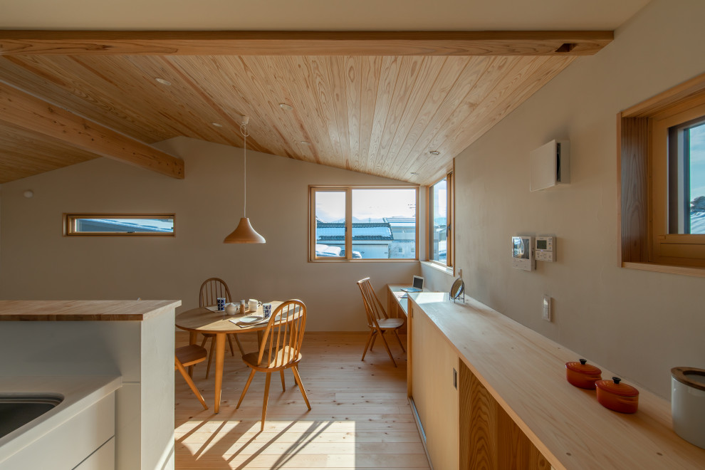 Идея дизайна: столовая с бежевыми стенами, светлым паркетным полом и деревянным потолком
