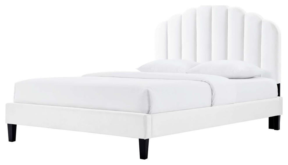 Platform Bed Frame, Queen Size, White, Velvet, Modern, Bedroom Guest Suite