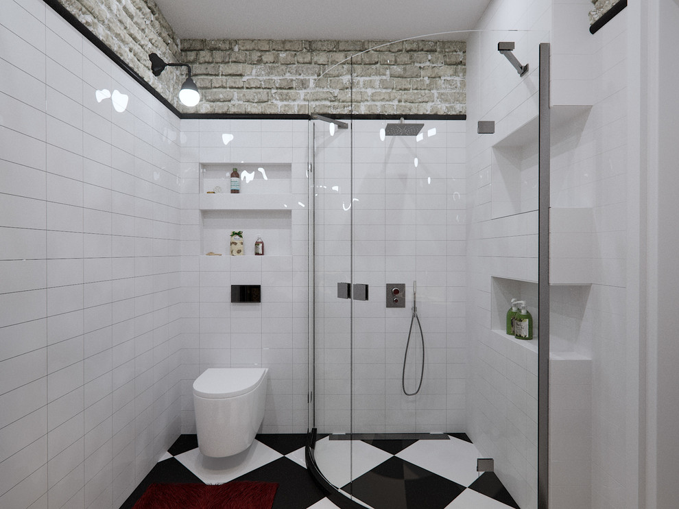 Design ideas for a small industrial kids bathroom in London with beaded inset cabinets, dark wood cabinets, a corner shower, a wall-mount toilet, black and white tile, ceramic tile, white walls, ceramic floors, a drop-in sink and solid surface benchtops.