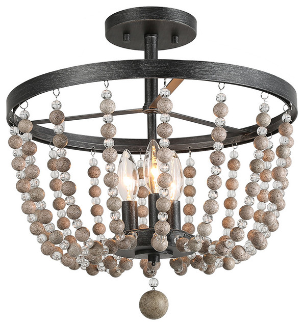 Farmhouse 3 Light Semi Flush Ceiling Lights Distressed Wood Beads