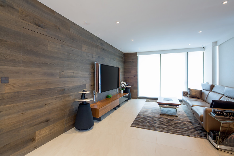 Inspiration for a mid-sized modern formal open concept living room in Sydney with ceramic floors, white floor, brown walls and a wall-mounted tv.