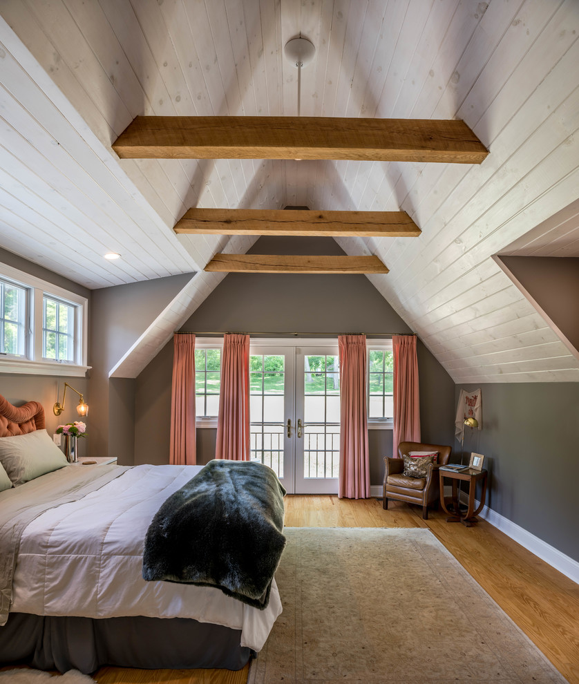 Inspiration for a country master bedroom in Philadelphia with grey walls, medium hardwood floors and brown floor.
