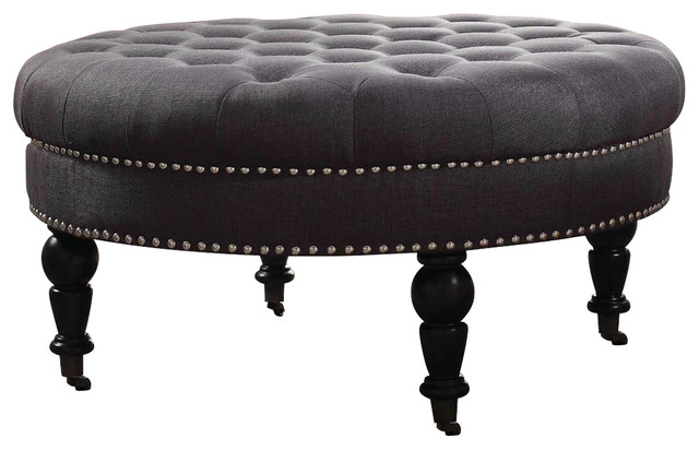 Isabelle Charcoal Round Tufted Ottoman 34 63w X 34 63d X 18 13h Black Traditional Footstools And Ottomans By Homesquare