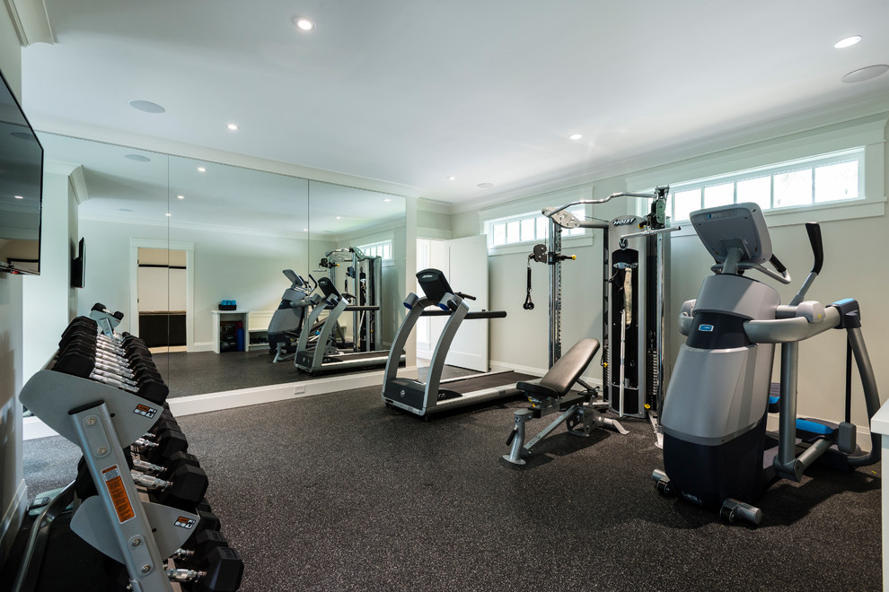 Design ideas for a large traditional multipurpose gym in Vancouver with white walls and grey floor.