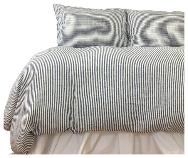 Denim and White Striped Linen Duvet Cover, Twin/Twin Xl 3-Piece Set