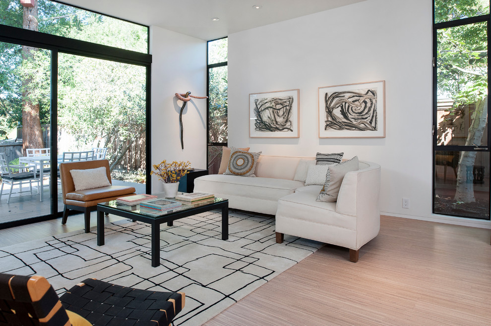 Photo of a modern living room in San Francisco with white walls and light hardwood floors.