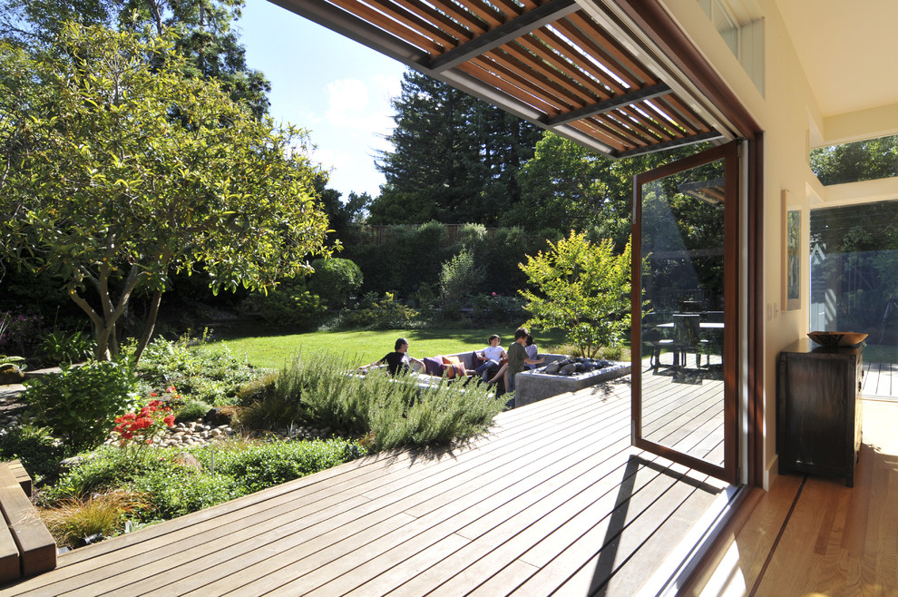 Photo of a contemporary backyard deck in San Francisco with a fire feature and an awning.