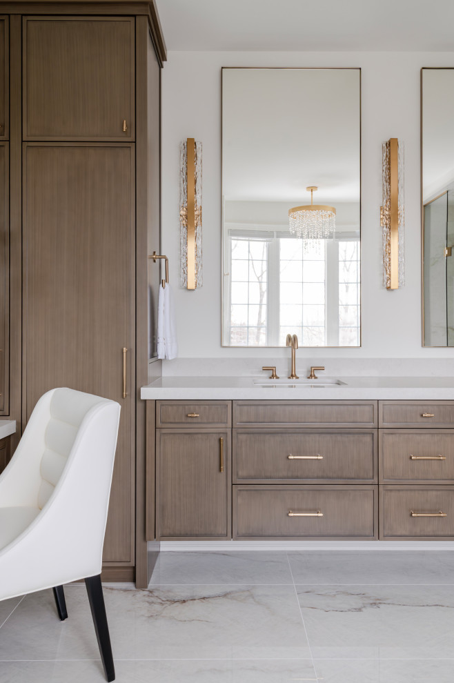 Bathroom - mid-sized transitional master porcelain tile, multicolored floor and double-sink bathroom idea in Toronto with recessed-panel cabinets, medium tone wood cabinets, an undermount sink, white countertops, a niche and a floating vanity