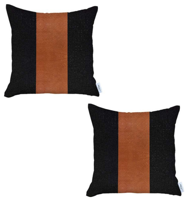 Set of 2 Black and Brown Faux Leather Pillow Covers Contemporary