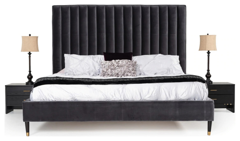 Mae Grey Velvet Bed, King Midcentury Platform Beds by Cristiano