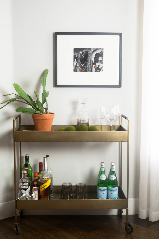 Photo of a small contemporary single-wall bar cart in Denver with open cabinets, dark hardwood floors and brown floor.
