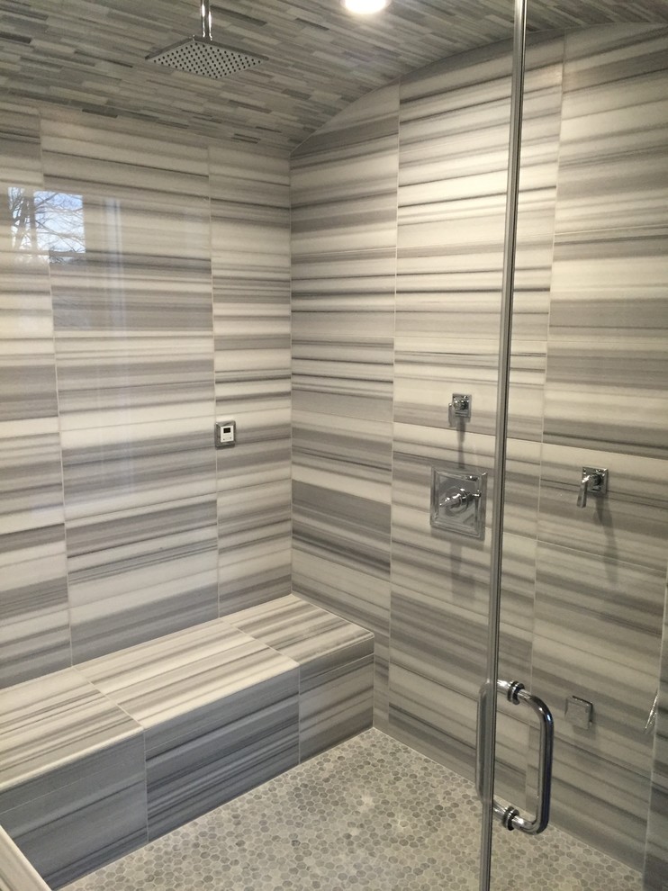 Transitional gray tile and stone tile bathroom photo