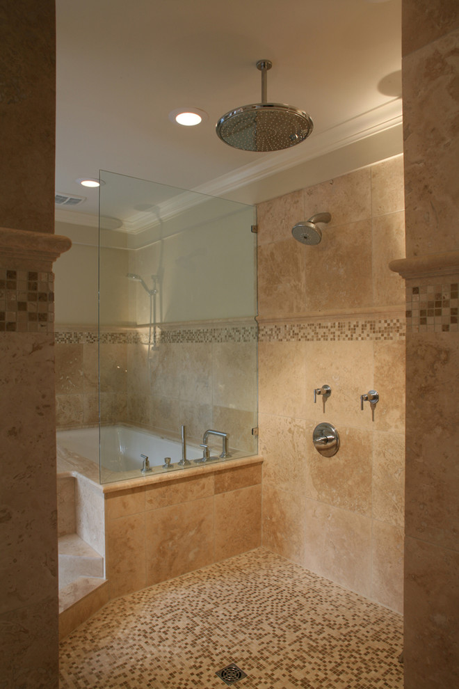 Inspiration for an expansive transitional master bathroom in Charlotte with granite benchtops, an open shower, stone tile, mosaic tile floors, an undermount tub and beige walls.