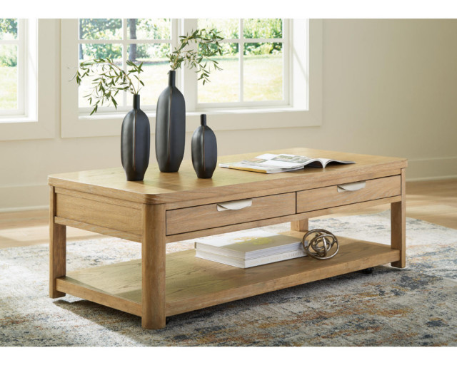 Rencott Light Brown Coffee Table, 56"W x 26"D x 19"H - Transitional ...