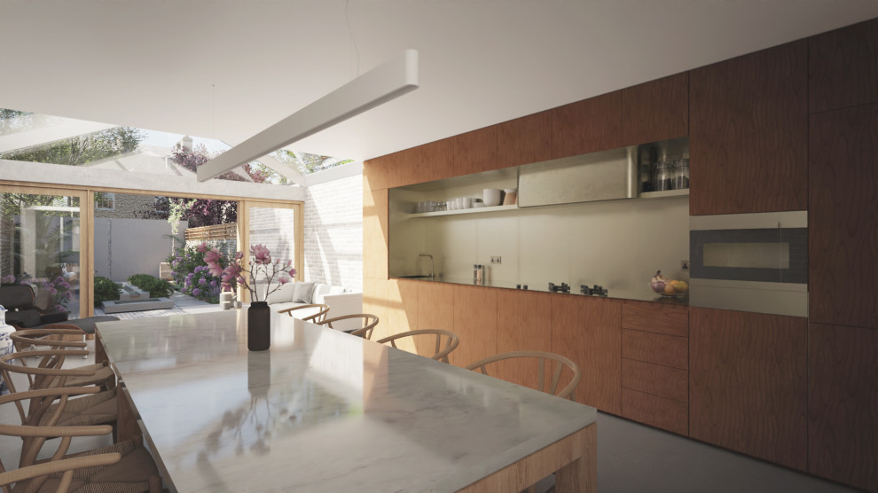Bild på ett mellanstort funkis linjärt kök med öppen planlösning, med en integrerad diskho, släta luckor, skåp i mellenmörkt trä, bänkskiva i akrylsten, integrerade vitvaror, betonggolv och grått golv
