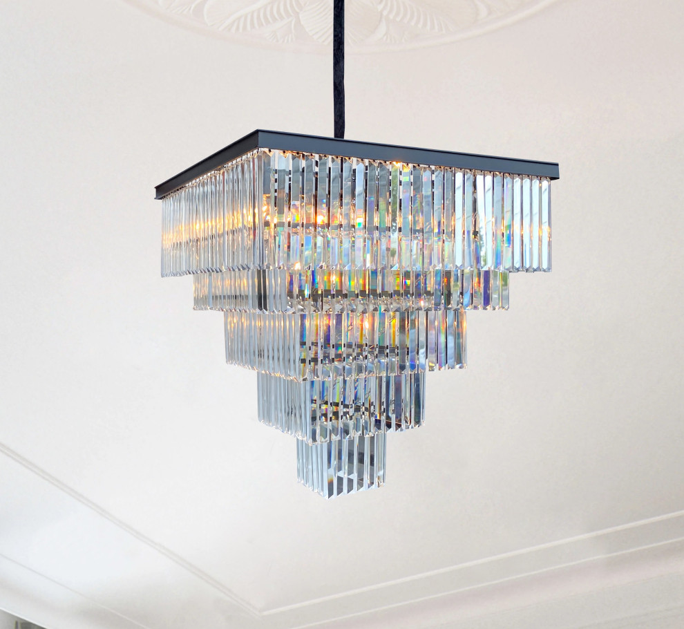 D’Angelo 16 Light Square Glass Crystal Prism Chandelier, Black finish ...