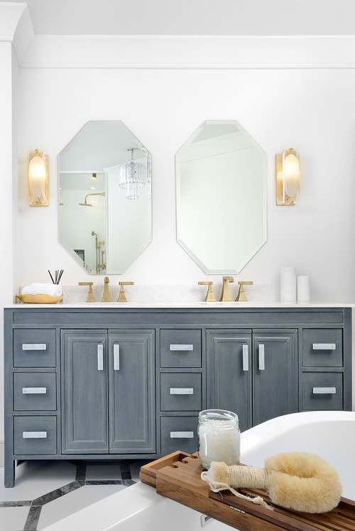 Stylish Contrast: Dark Gray Bathroom Vanity Ideas with Marble Hexagon Floors